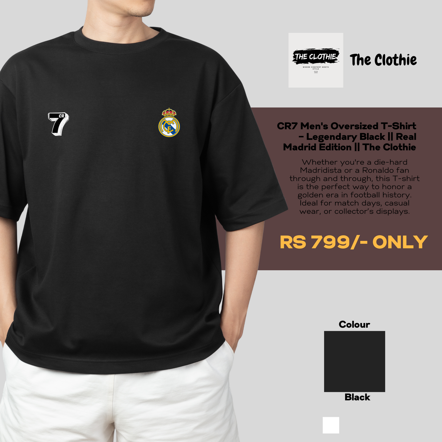 CR7 Men's Oversized T-Shirt – Legendary Black || Real Madrid Edition || The Clothie
