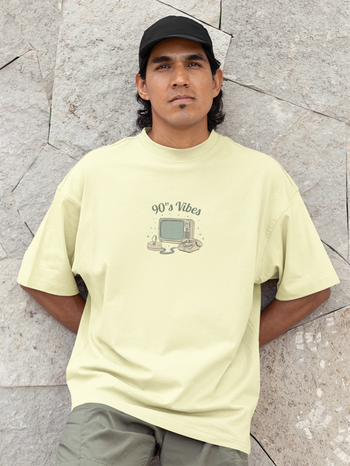 The "90's Vibes" Retro Tech Oversized Tee – Vintage Cream